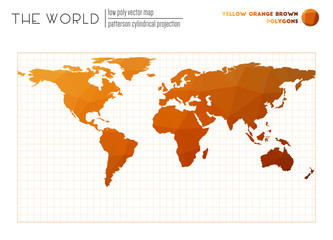 World map in polygonal style. Patterson cylindrical projection of the world. Yellow, orange, and brown colored polygons. Modern vector illustration.