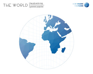 Polygonal world map. Gnomonic projection of the world. Blue Shades colored polygons. Contemporary vector illustration.