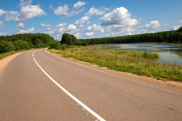 A road turns into a forest along a lake