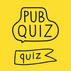 Pub quiz. Outline badge and outline ribbon. Vector hand drawn illustrations on yellow background.