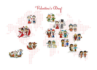 Couple in love, national costume. Valentine day in different countries on world map. Art for your design