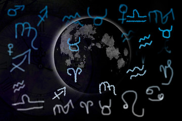 Fototapeta na wymiar Astrological zodiac symbols on a black planet background