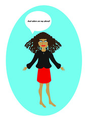 A lady in a business suit is looking for her shoes