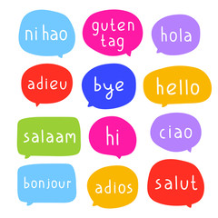 Hello, ni hao, guten tag, ciao, bye, bonjour. Set of hand drawn vector speech bubbles illustrations on white background.