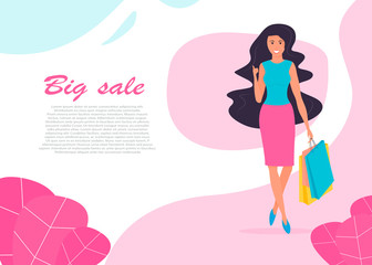 Fototapeta na wymiar Banner. A dark-haired girl, walks along the street with a smile, holds shopping bags in her hands. Shows thumbs up to indicate class. Female hobby. Shopaholic. Flat character