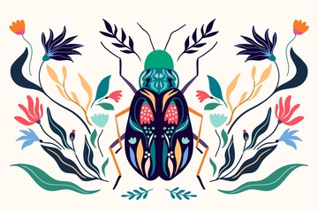 Decorative poster/banner with floral design, insect, flowers, and plants © lilett