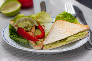 Plate with vegan sandwich, avocado paste.