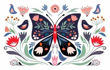 Spring time composition with floral butterfly and seasonal elements, flowers and birds; decorative poster/ banner - 315833376