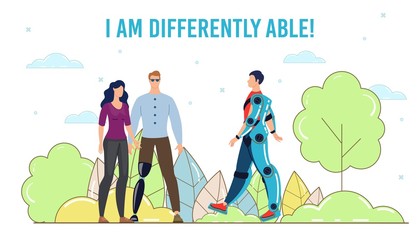 Technological Innovations for Disabled People Trendy Flat Vector Banner, Poster Template. Disabled Man in Wearable, Futuristic Exosuit, Guy with Robotized Led Prosthesis Walking Outdoors Illustration