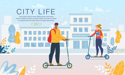 Students Using Eco-Friendly Personal Transport. University Building. Multiracial Diverse Teenagers Friends Moving by Electric Kick Scooter. Quick and Safe Ride to Study. Eco City Life Webpage Banner