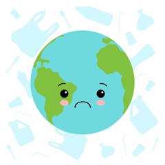 No more plastic sad earth cartoon vector illustration kawaii style