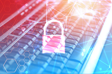 Data security systems computer with locked padlock on keyboard for protect crime by an anonymous hacker internet and data network / technology background cyber security