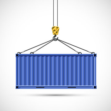 Cargo container hanging on a crane hook. Freight shipping.