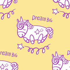 Cute seamless pattern with little cartoon pony and stars, vector texture