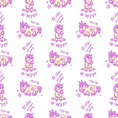 Fototapeta premium Cute seamless pattern with little cartoon pony and stars, vector texture