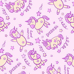 cute seamless vector pattern background illustration with unicorns and stars