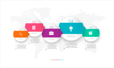 Circle infographic, vector illustration can be used for  business concept with world map background and 5 options, steps or processes