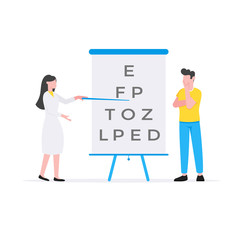 Healthcare medical science concept with tiny people doctors and flip chart with eye exam letters vector illustration isolated on white background. Suitable for banners, web sites, cards.