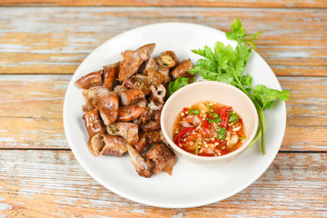 Entrails intestines part of pork asian thai food - Roasted pork Chitterlings with chilli sauce spicy