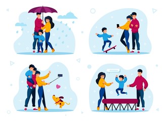 Fototapeta premium Family Relations and Time Together Trendy Flat Vector Concepts Set. Parents with Children Walking Under Umbrella in Rain, Making Memorable Selfie Photos, Jumping on Trampoline Isolated Illustrations