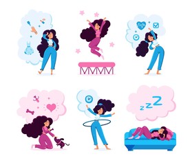 Modern Woman Life Situations Trendy Flat Vector Characters Set. Young Lady Choosing Clothes, Doing Exercises, Jumping on Trampoline, Playing with Pet, Resting on Sofa at Home Isolated Illustration