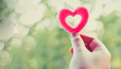 Woman holding pink heart in hands for valentines day or donate help give love warmth take care - heart on hand for philanthropy concept - obrazy, fototapety, plakaty