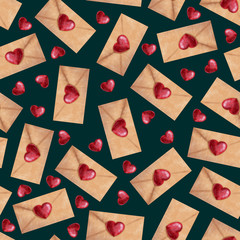  seamless pattern of  love letters and hearts on green background