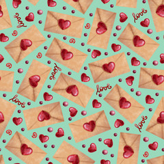 seamless pattern of  love letters and hearts on mint background