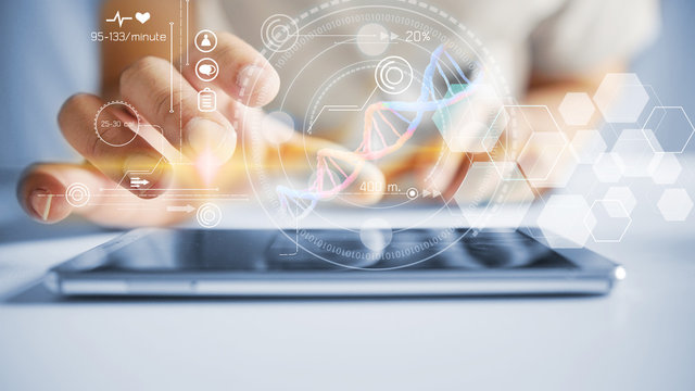 DNA Strands and icon medical network connection , medical technology network concept