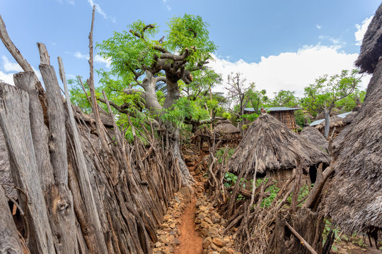 Fantastic walled village tribes Konso. African village. Africa, Ethiopia. Konso villages are listed as UNESCO World Heritage sites.
