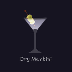 Vector illustration of alcohol Dry Martini cocktail with green olives isolated on black background. Glowing martini illustration for bar, restaurant menu