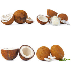 Collage of broken coconut pieces isolated on white background