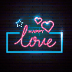 happy love lettering of neon light vector illustration design