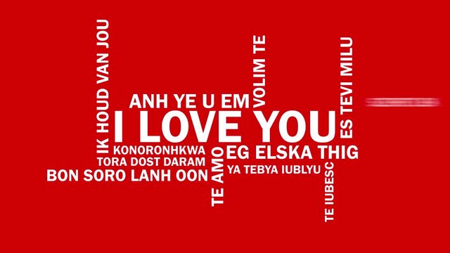I Love You word cloud animation with red background. Kinetic typography in 4k resolution