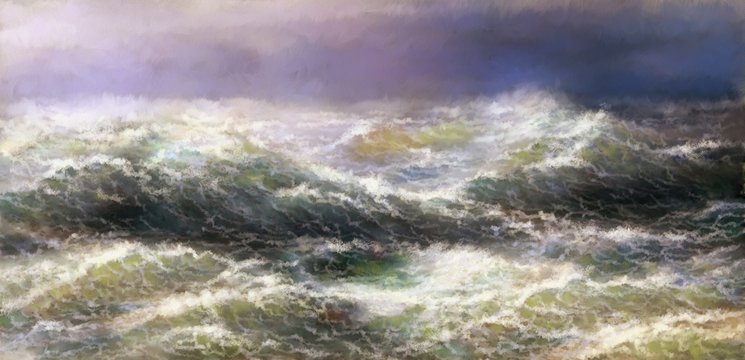 Digital paintings landscape, sea and blue sky, storm. Fine art