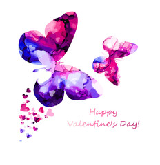 Watercolor butterflies and hearts. Happy Valentine's Day. Mixed media. Vector illustration