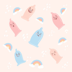 Cute condoms with funny faces in kawaii style , drawn in Scandinavian style. Vector illustration .