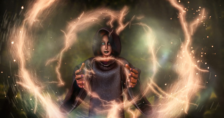 Witch raise hands to cast a black magic spell to create light sprial power,3d rendering picture. © athitat