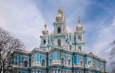 Smolny Convent of the Resurrection is located on square Rastrelli, on the bank of the River Neva in Saint Petersburg, Russia. Baroque style orthodox cathedral. Smolny Sobor or church.