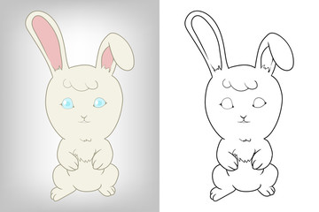 vector illustration of a cute cartoon rabbit in both colored and line art
