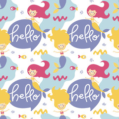 Seamless bright colorful marine cute pattern with mermaids and fishes