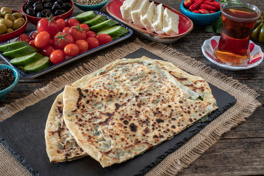 Traditional Turkish food, Turkish pancake g&ouml;zleme with cheese and herb