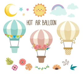 Papier Peint photo Montgolfière The collection of cute hot air balloon set. The pack of hot air balloon have the hot air balloon and flower set and element of sky like the moon, star , sun,rainbow on the white background.