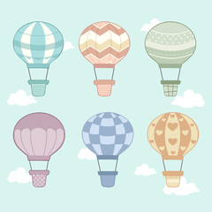 The collection of hot air balloon in any style on the sky and cloud set. The cute hot air balloon on the blue sky. The cute hot air balloon in flat vector style.