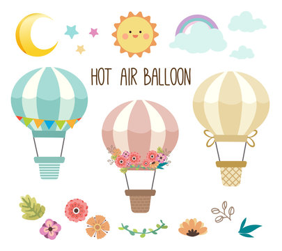 The collection of cute hot air balloon set. The pack of hot air balloon have the hot air balloon and flower set and element of sky like the moon, star , sun,rainbow on the white background.