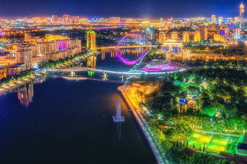 Astana, Kazakhstan, night view of the city illuminated as capital of Kazakhstan