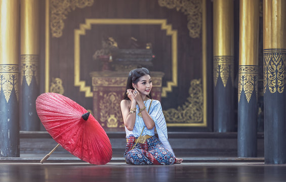 Beautiful Thai Woman In Traditional Thai Dress