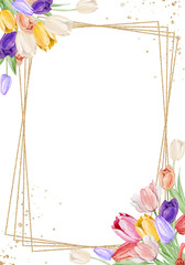 Hand drawing easter watercolor flowers, branches and leaves card. Watercolour cute illustration spring style. Greeting card easter, banner, frame.