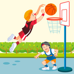 Kids playing basketball in a playground. Cartoon, flat style vector Illustration.