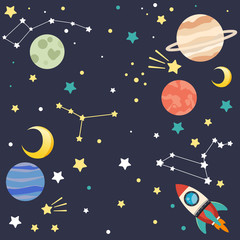 Fototapeta premium The collection of cute planet and star and rocket ship on the dark blue background look like space and have text of space. The cute planet and star in flat vector style.